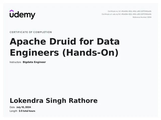Certificate of completion, Apache Druid for Data Engineers (Hands-On), Udemy