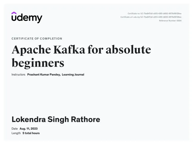 Certificate of completion, Apache Kafka for absolute beginners, Udemy