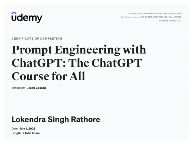 Certificate of completion, ChatGPT Crash Course: Introduction to ChatGPT for Work, Udemy