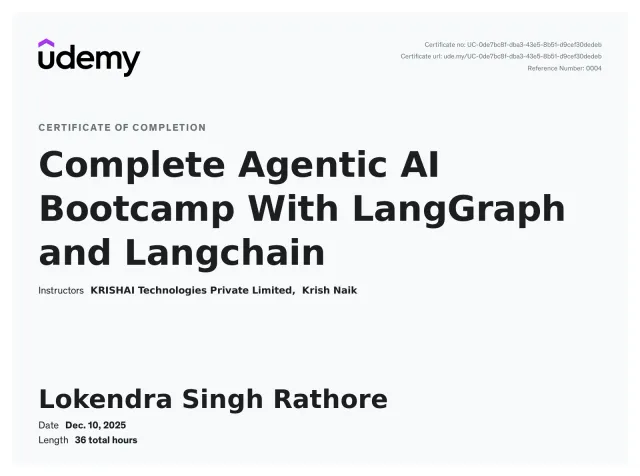 Certificate of completion, Complete Agentic AI Bootcamp With LangGraph and Langchain, Udemy