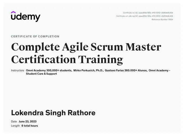 Certificate of completion, Complete Agile Scrum Master Certification Training, Udemy
