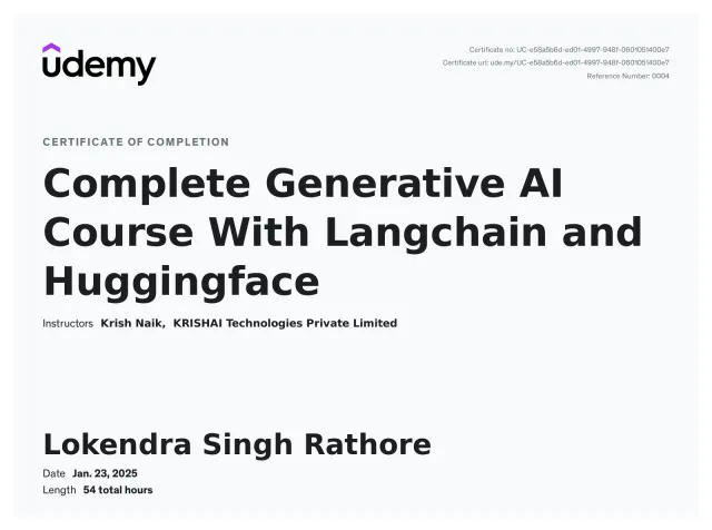 Certificate of completion, Complete Generative AI Course With Langchain and Huggingface, Udemy