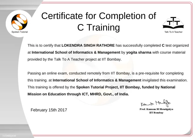 Certificate of completion, C Training, IIT Bombay