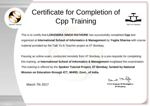 Certificate of completion, C++ Training, IIT Bombay