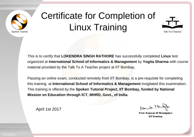 Certificate of completion, Linux Training, IIT Bombay