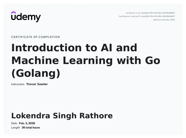 Certificate of completion, Introduction to AI and Machine Learning with Go (Golang), Udemy