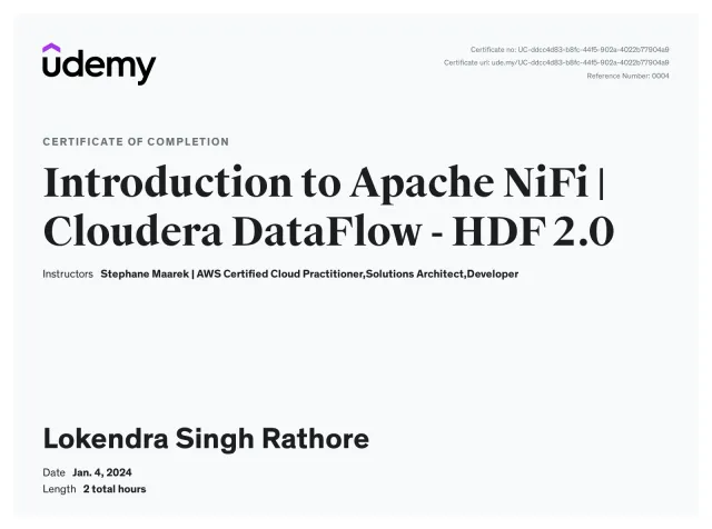 Certificate of completion, Introduction to Apache NiFi | Cloudera DataFlow - HDF 2.0, Udemy