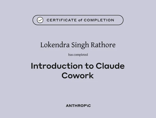 Certificate of completion, Introduction to Claude Cowork, Anthropic Education