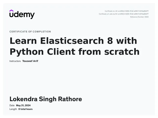 Certificate of completion, Learn Elasticsearch 8 with Python Client from scratch, Udemy