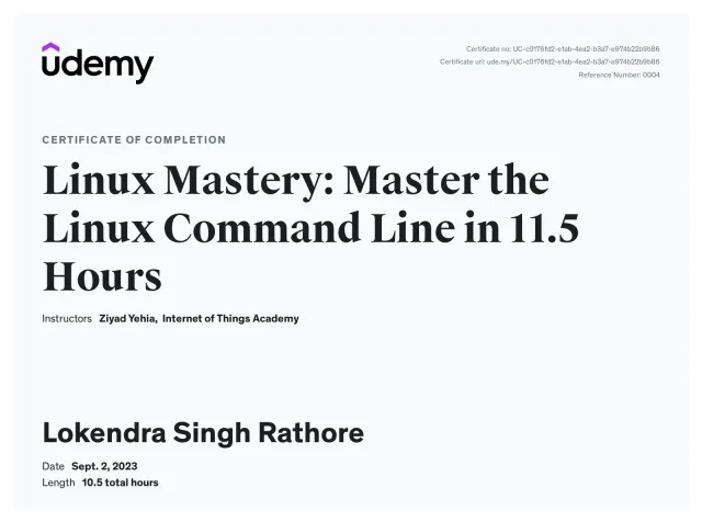 Certificate of completion, Linux Mastery: Master the Linux Command Line in 11.5 Hours, Udemy