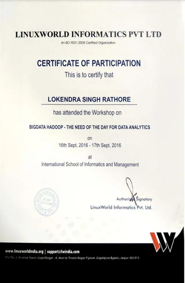 Certificate of completion, BigData Hadoop: The Need of the Day for Data Analytics, LinuxWorld Informatics