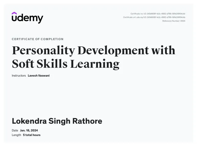Certificate of completion, Personality Development: Confidence & Communication, Udemy