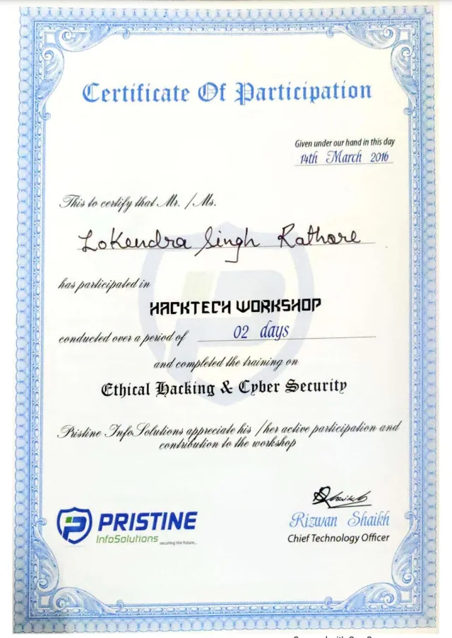 Certificate of completion, Ethical Hacking & Cyber Security (HackTech workshop), Pristine InfoSolutions