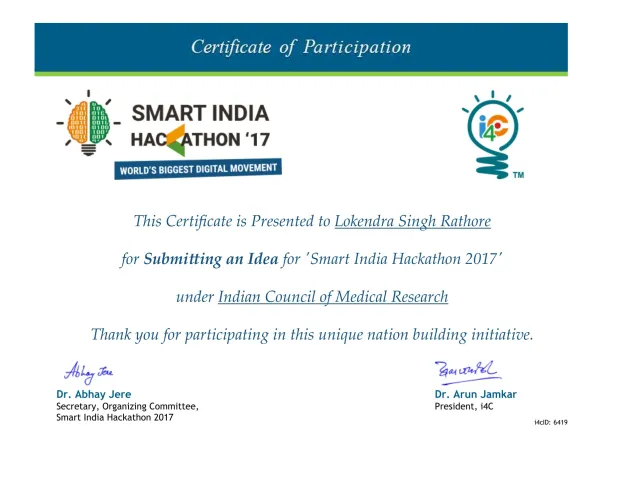 Certificate of completion, Smart India Hackathon 2017: idea submission, Smart India Hackathon