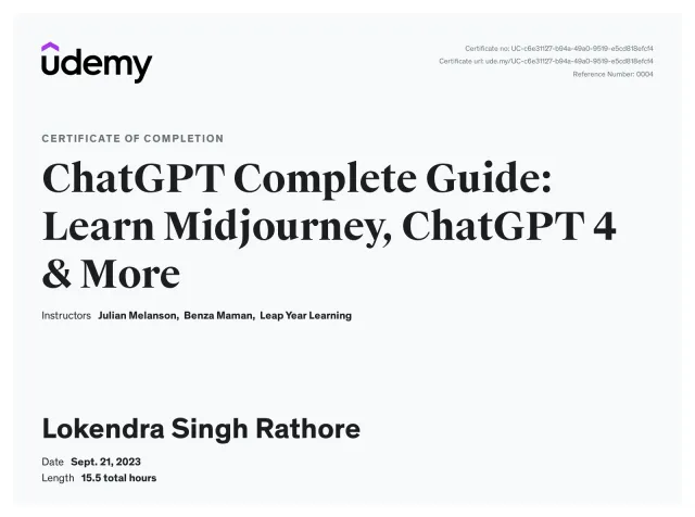 Certificate of completion, The Complete AI Guide: Learn ChatGPT, Claude & Generative AI, Udemy
