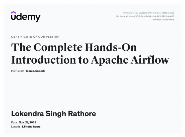 Certificate of completion, The Complete Hands-On Introduction to Apache Airflow 3, Udemy