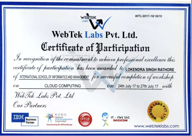 Certificate of completion, Cloud Computing workshop, WebTek Labs